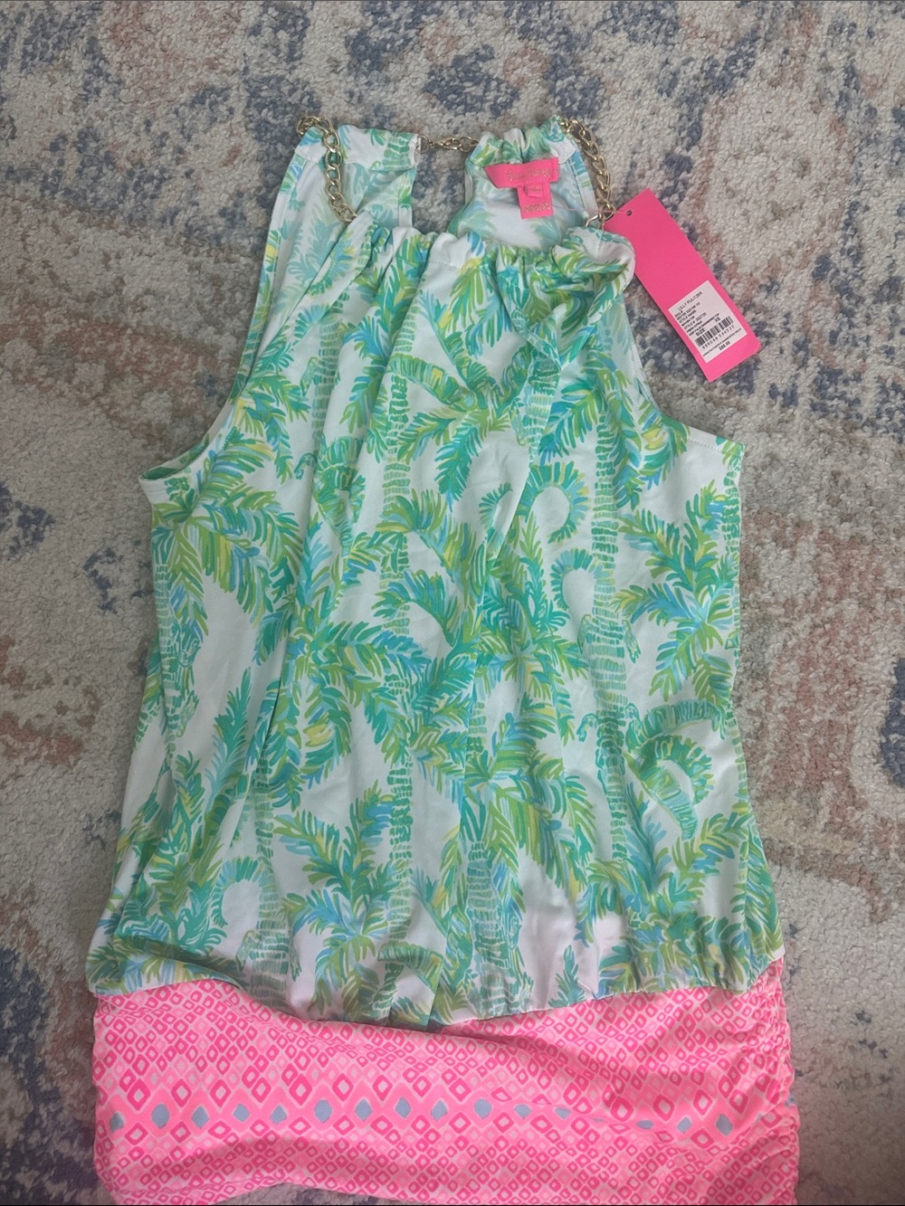 Lilly Pulitzer Palm Print High-Neck Tank in Green and Pink